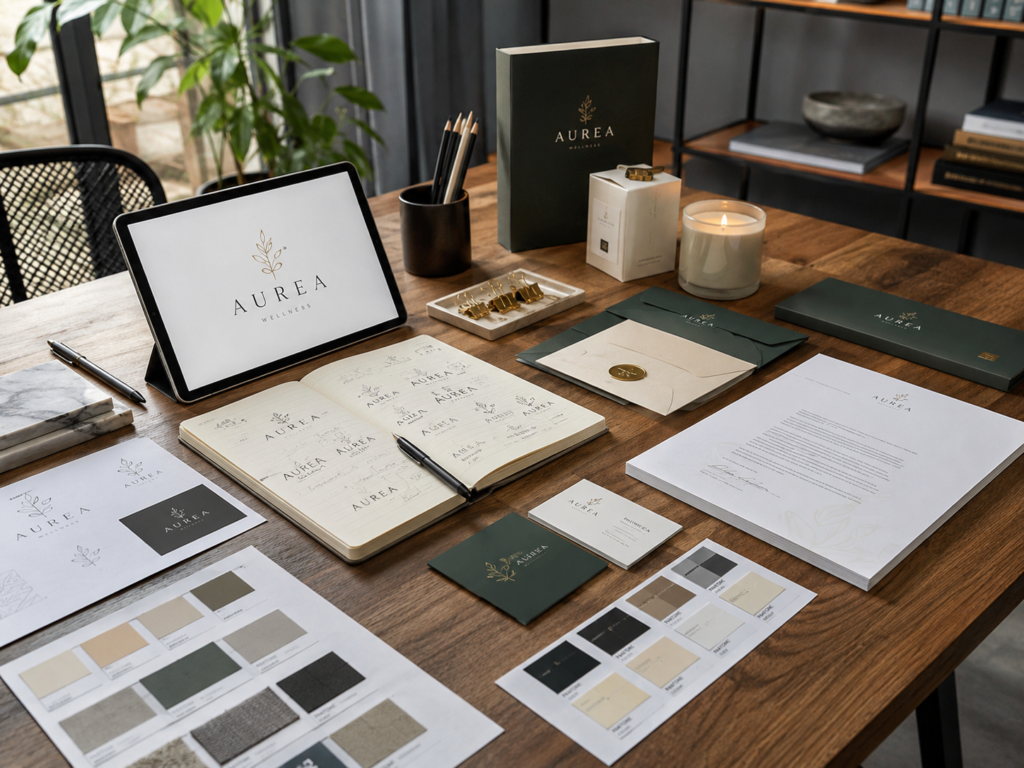 mesa de trabajo con bocetos de logotipo, colores y materiales corporativos.