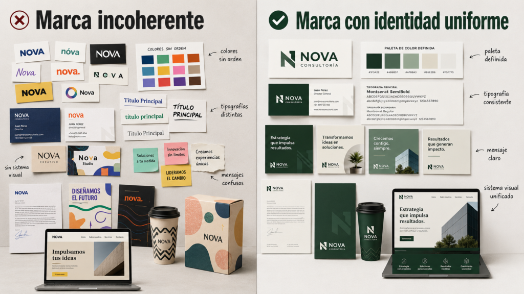 diferencia entre identidad de marca inconsistente y branding profesional