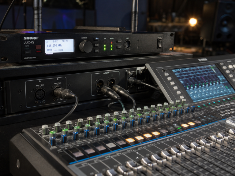 sistema de micrófono inalámbrico Shure conectado para evento en vivo