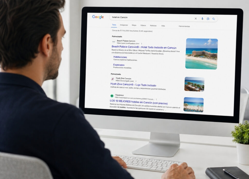 Consultor de SEO revisando el posicionamiento de un sitio en cancun