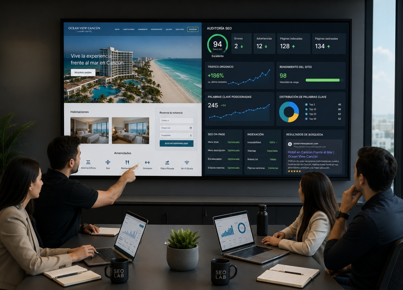 Equipo de Carpa Producciones trabajando en una estrategia de SEO en cancun