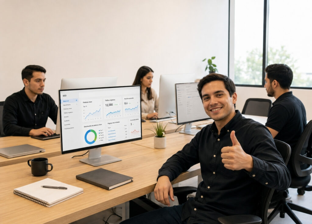Equipo de Carpa Producciones trabajando en una estrategia de SEO en Leon