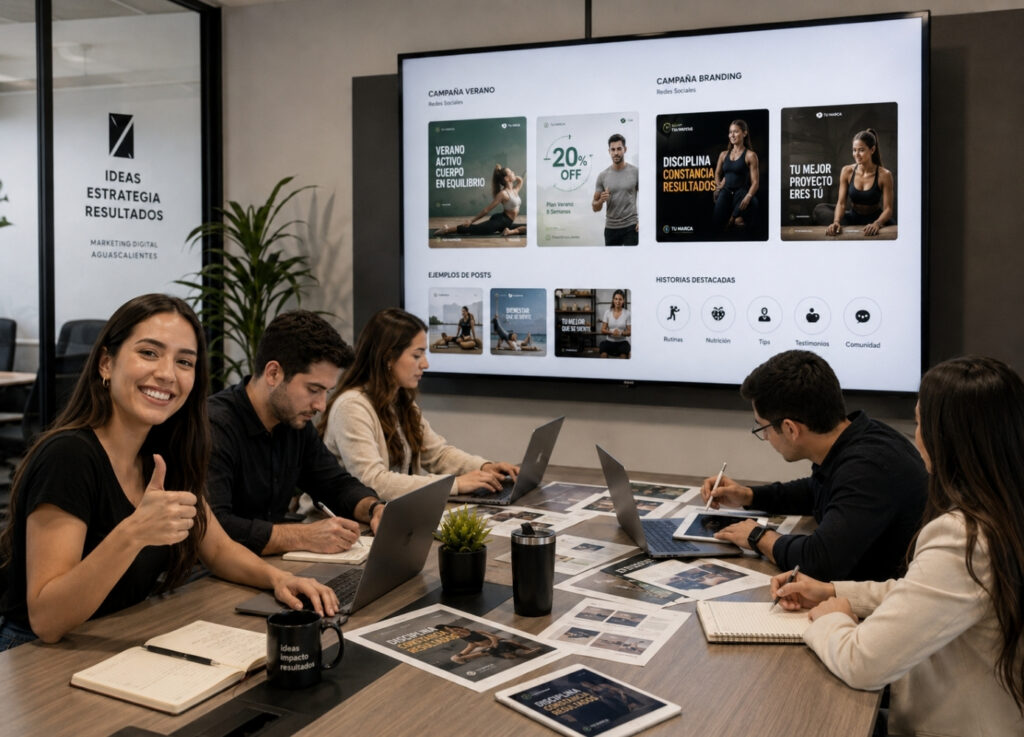 Equipo de trabajo revisando material gráfico sobre una mesa