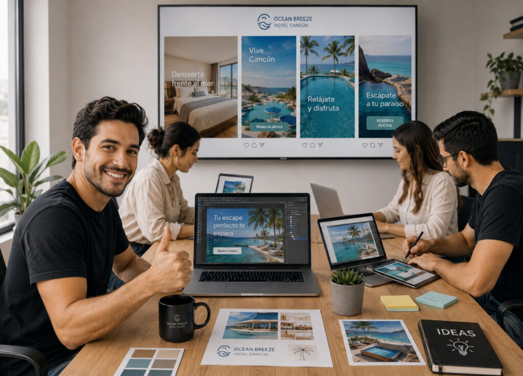 Equipo revisando el plan de contenido de un cliente de Cancún