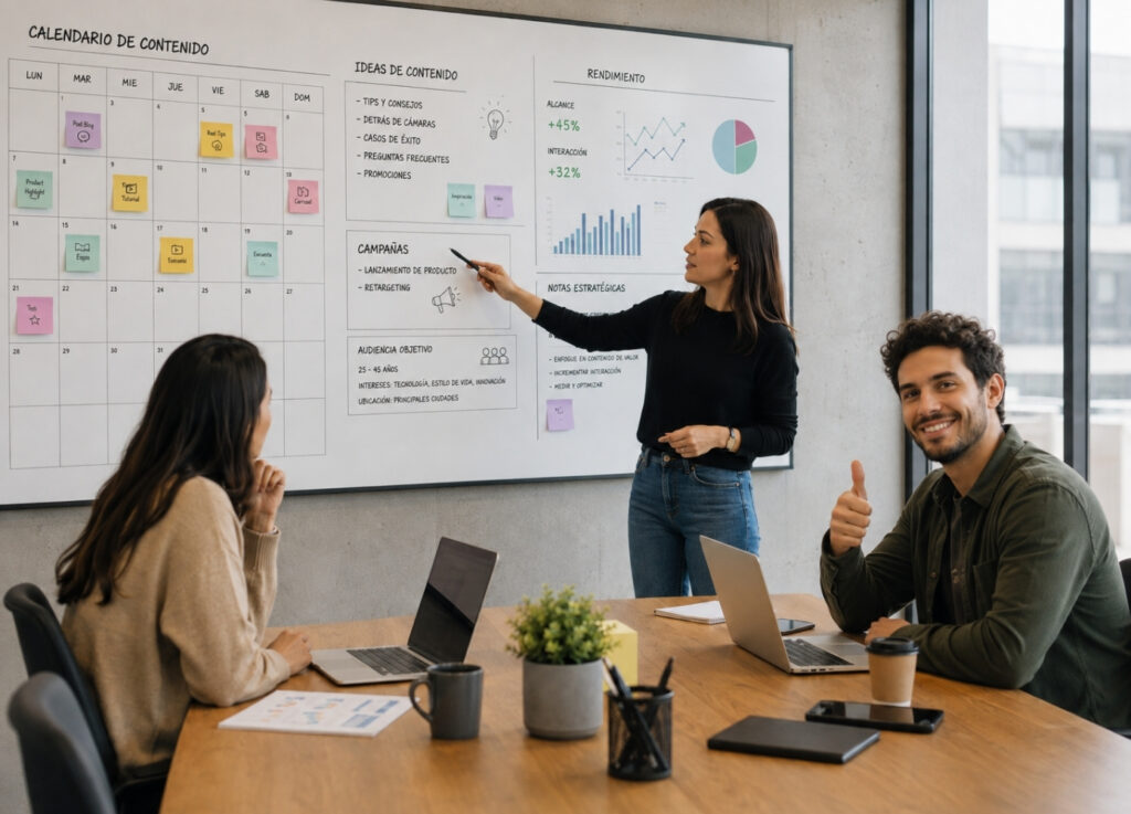 Equipo de trabajo revisando material gráfico sobre una mesa