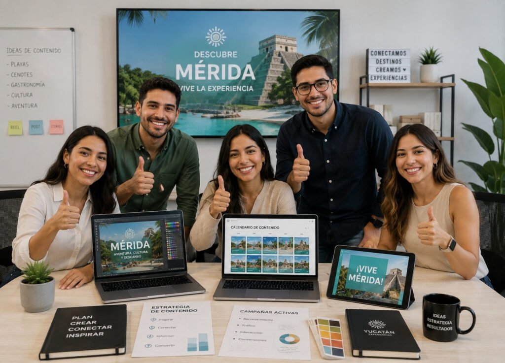 Equipo revisando el plan de contenido de un cliente de Mérida